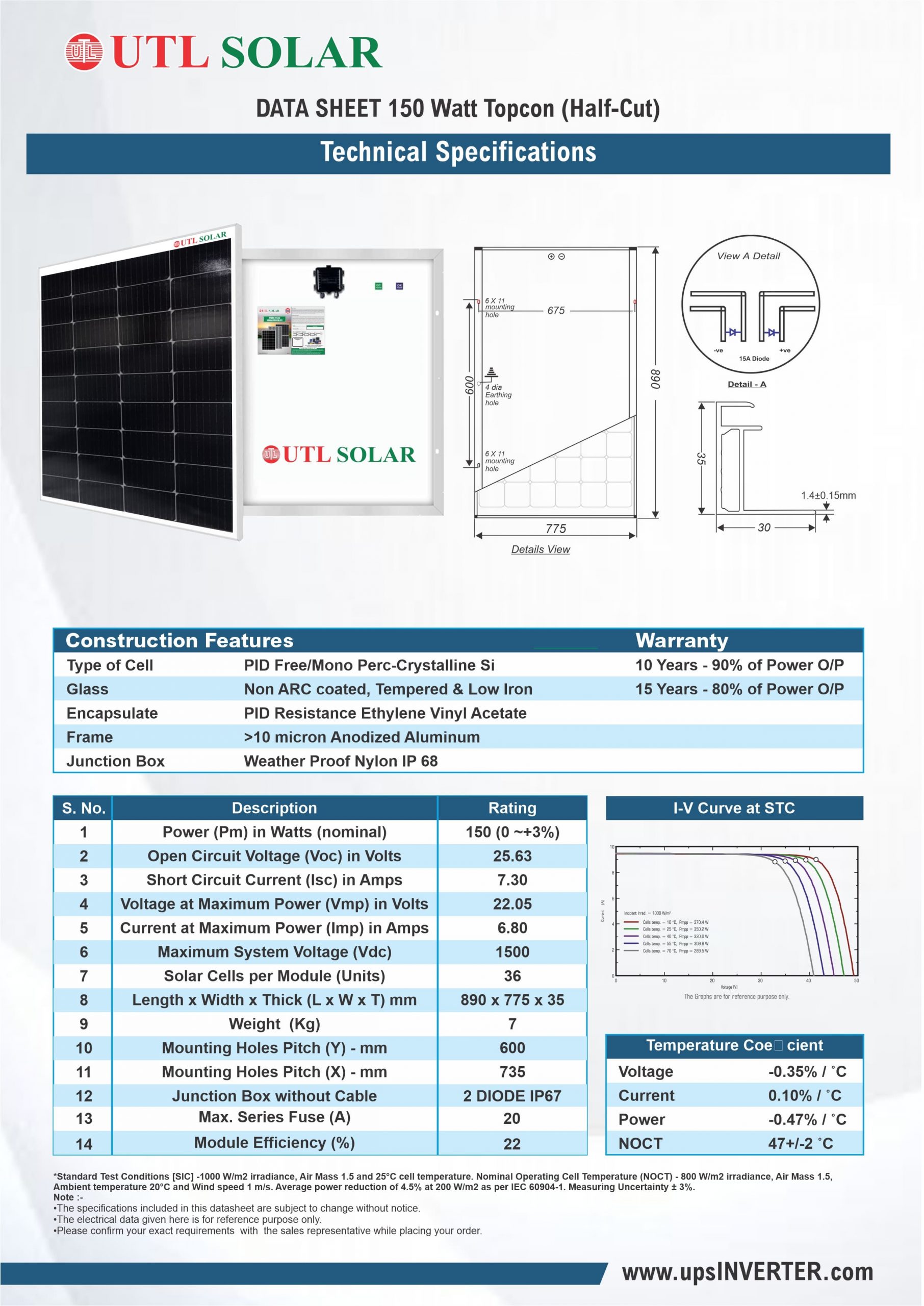 Specification of Half-Cut 150 Watt Topcon Solar Panel