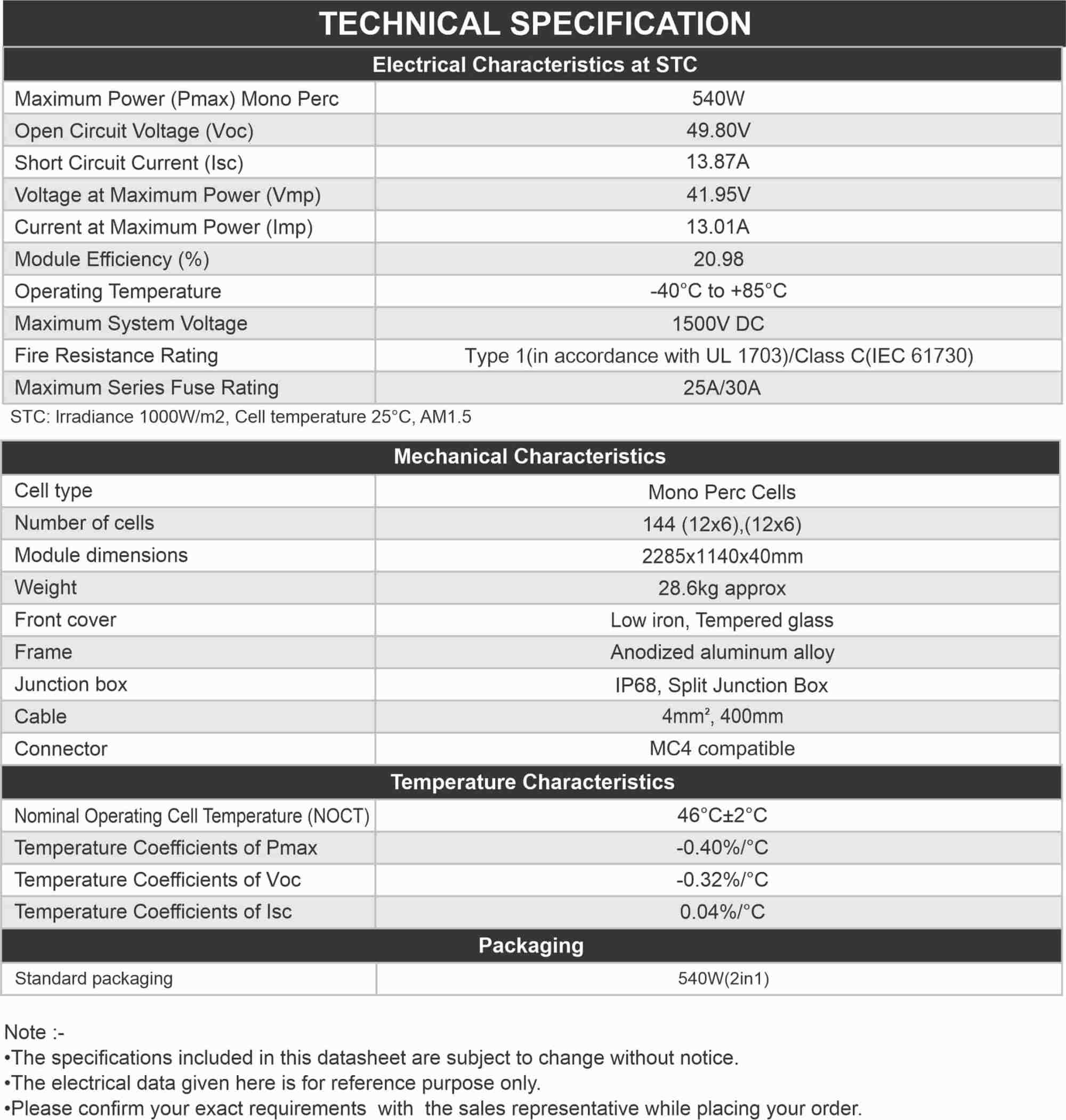 Technical Specification Mono Solar Panel 540 Watt