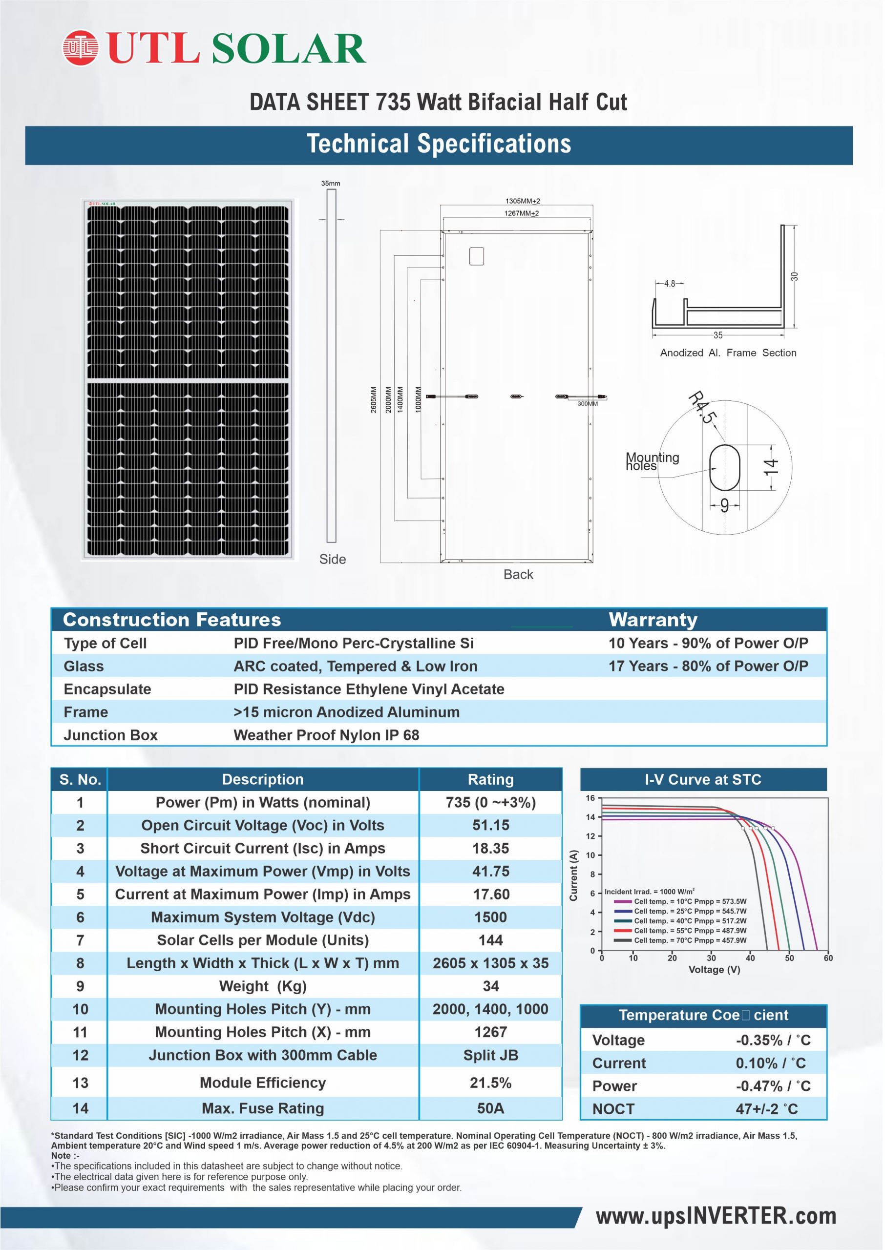 Specification of Mono Solar Panel 735 Watt (Half Cut)