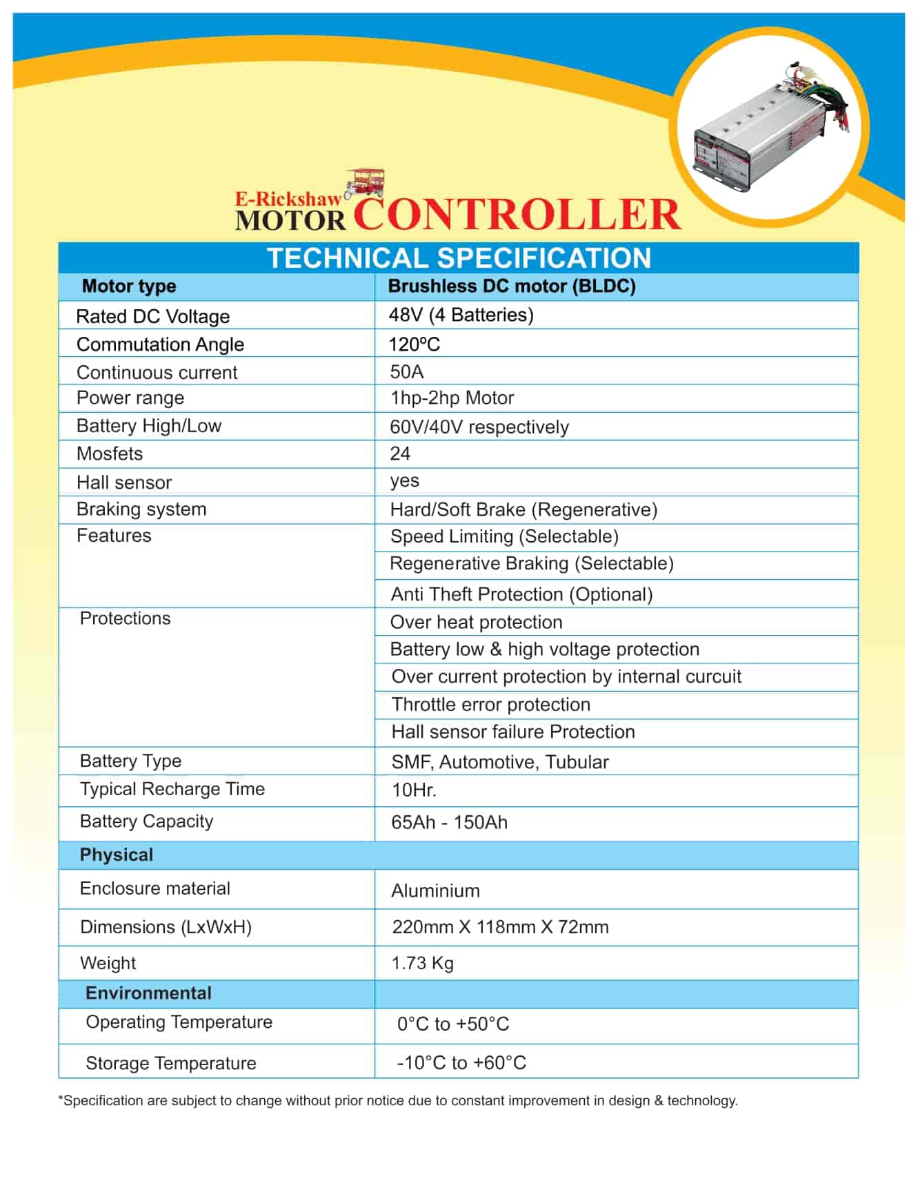 Specification of  E Rickshaw motor Controller