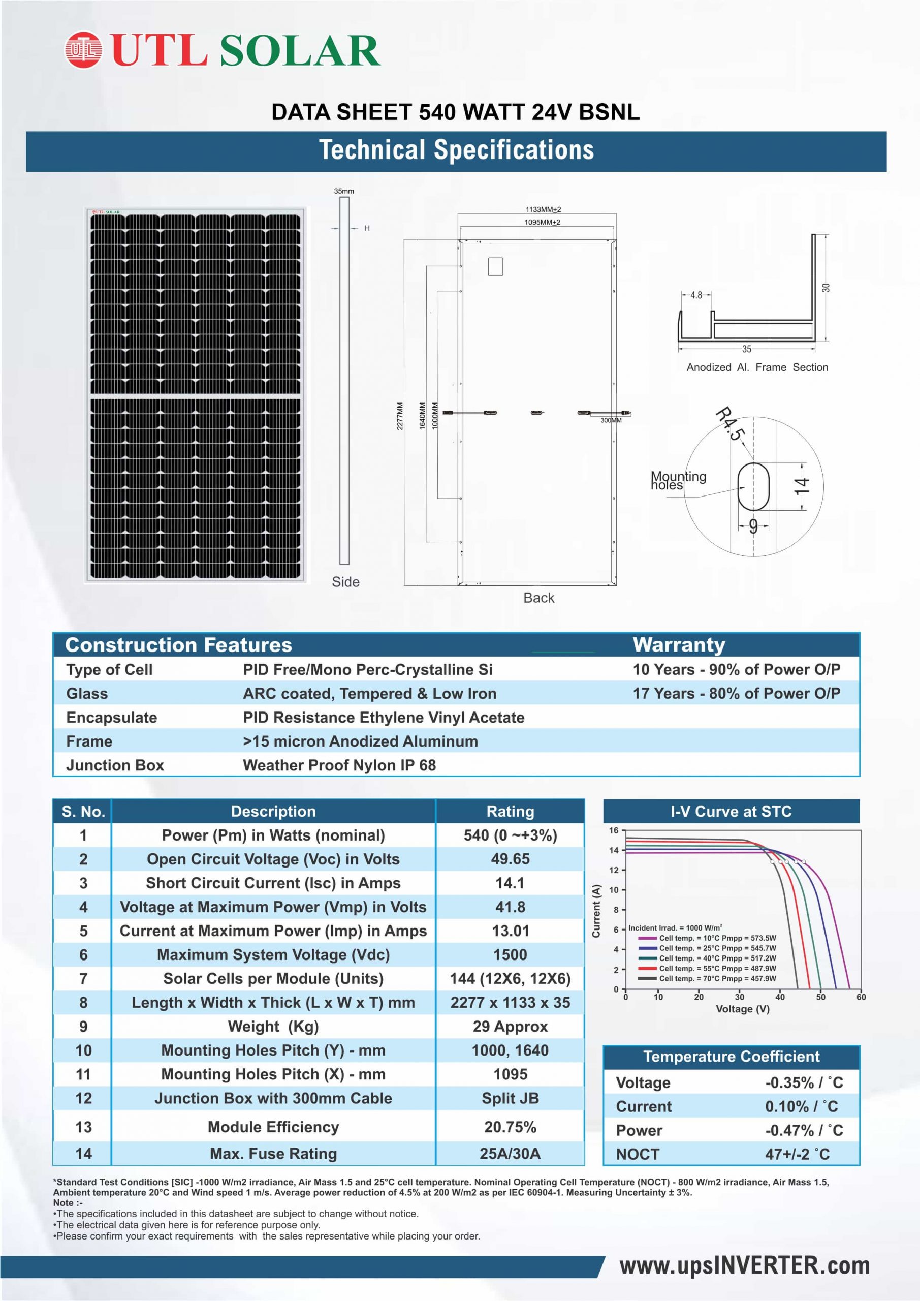 Specification of Mono Solar Panel 540 Watt 24V BSNL