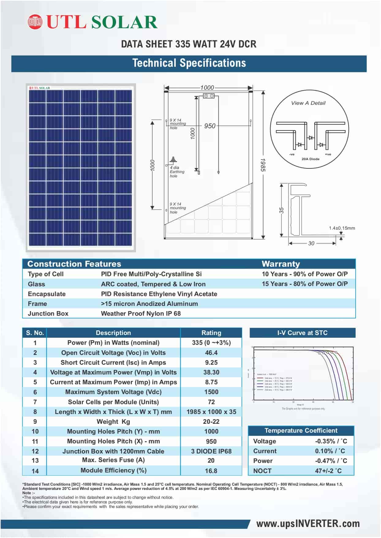 Specification of 335 Watt DCR ALMM Solar Panel