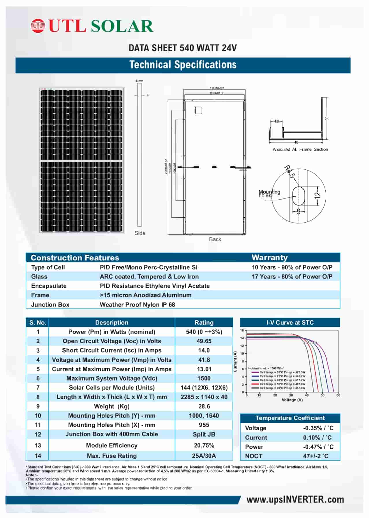Specification of 540 WATT-24V Solar Panel
