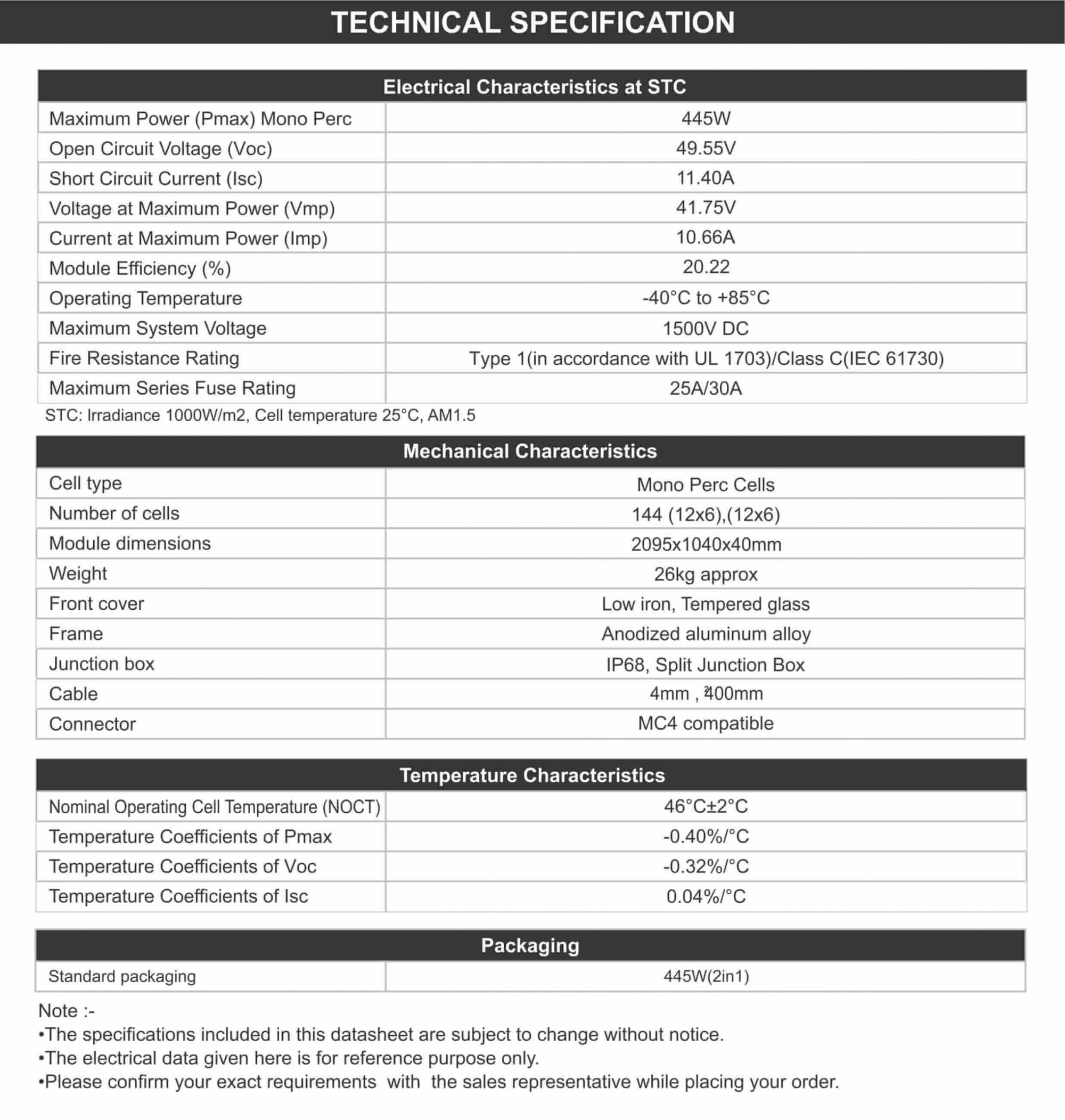 Specification of Mono Solar Panel 445 Watt