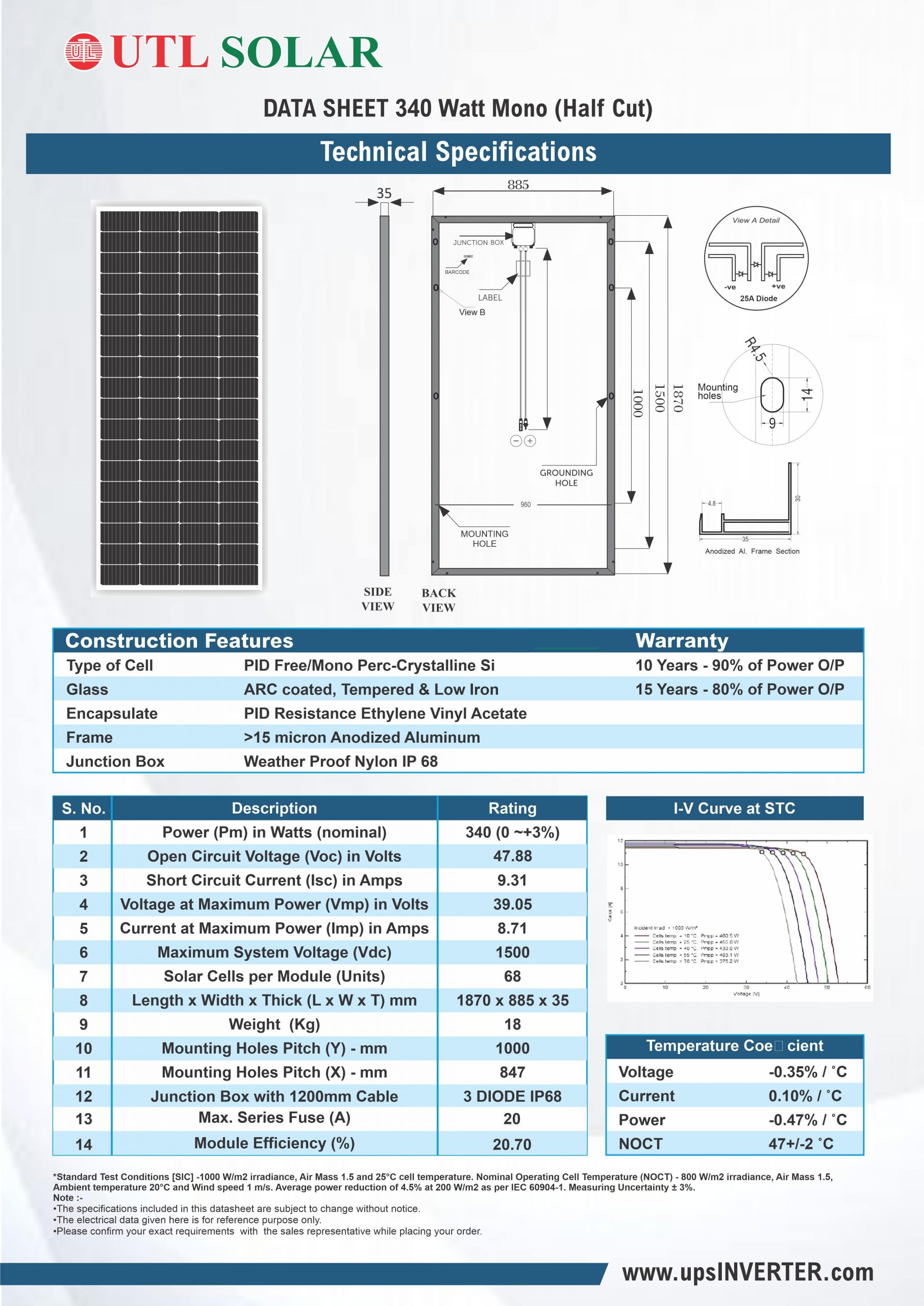 Specification of Mono Solar Panel 340 Watt (Half Cut)