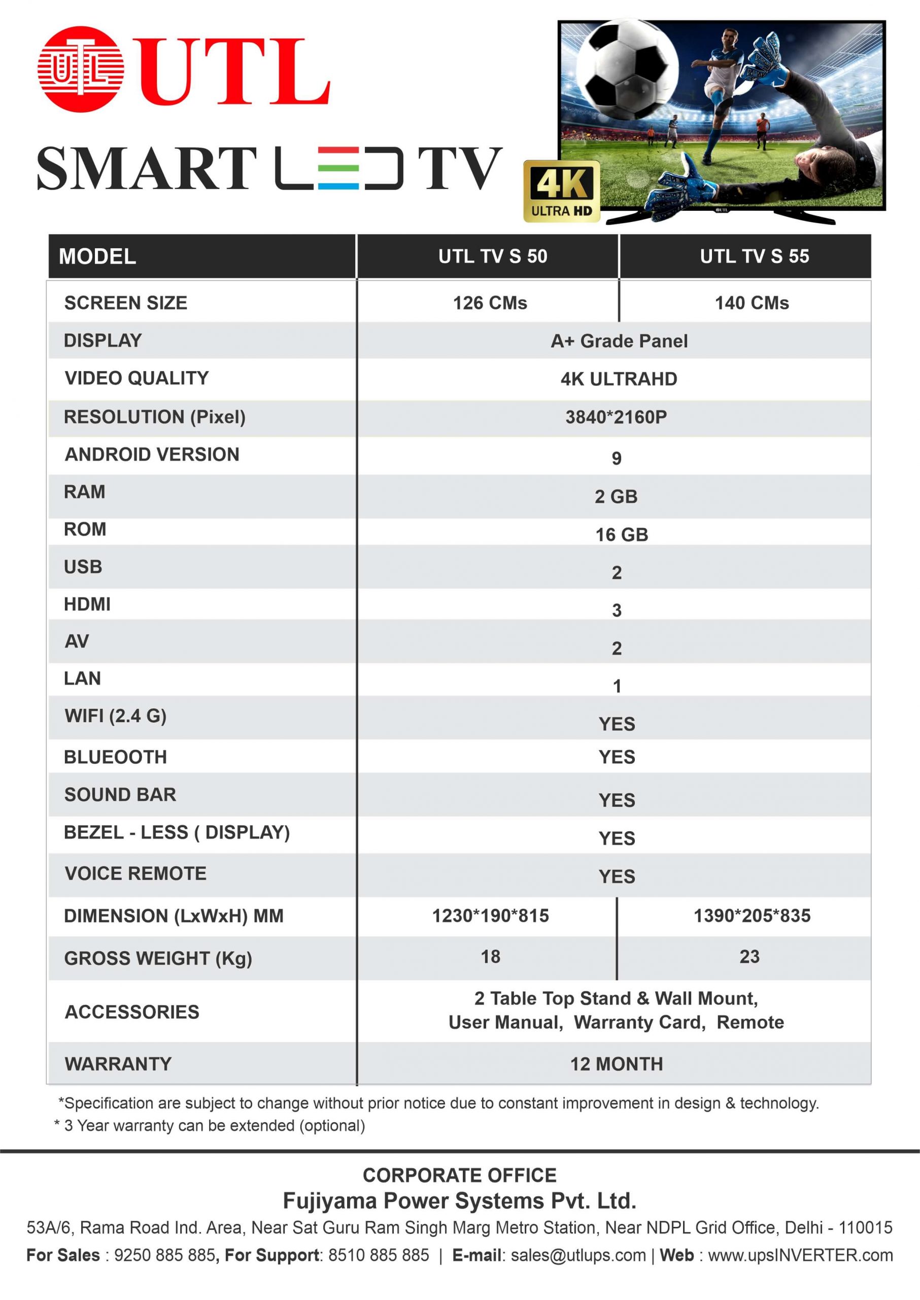 Specification of UTL SMART LED TV S50