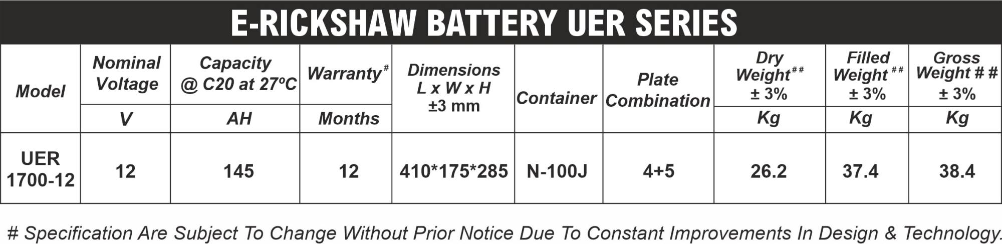 Specification of UTL E-Rickshaw Battery - (UER 1700-12)