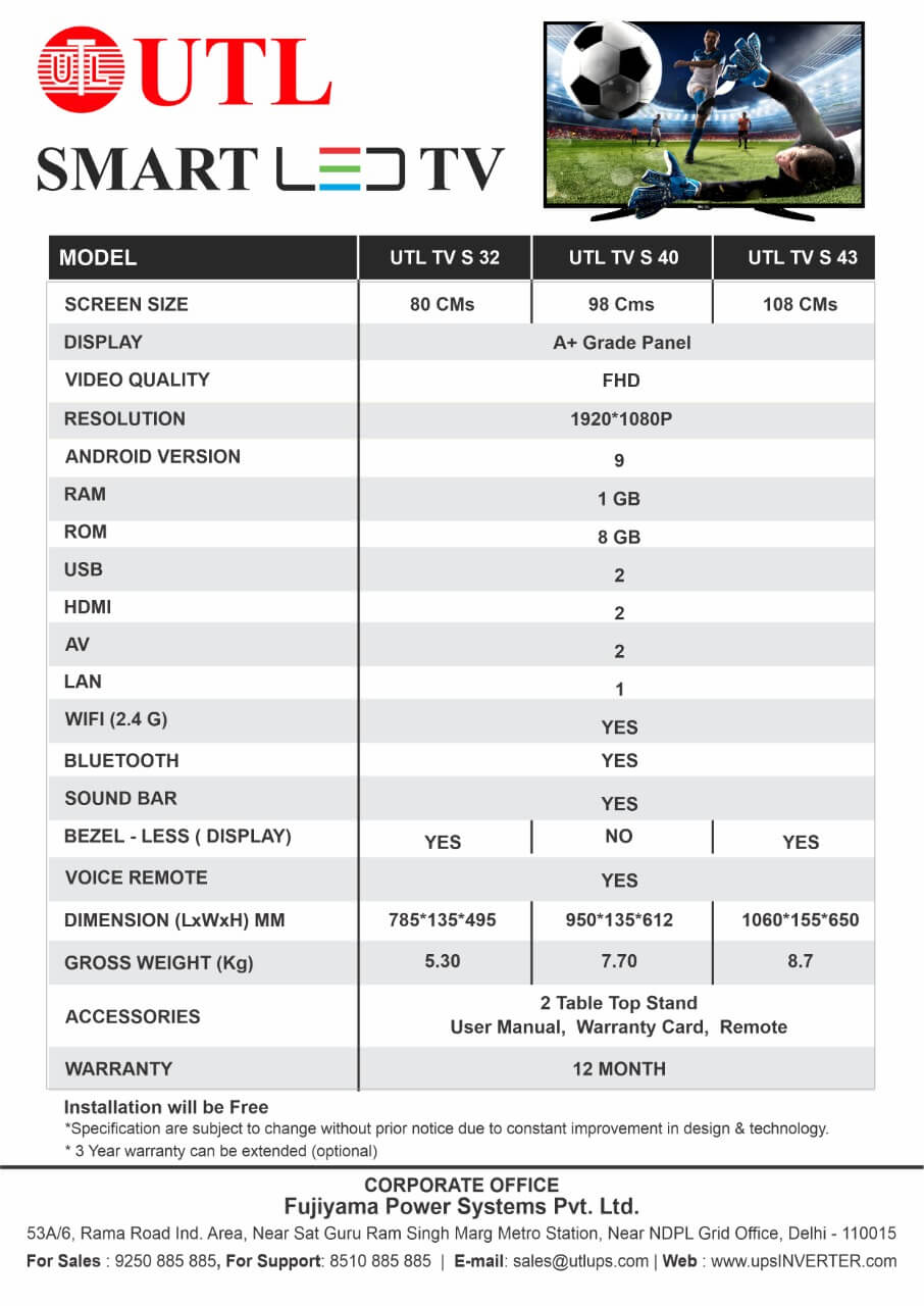 UTL TV Specification S32, S40, S43