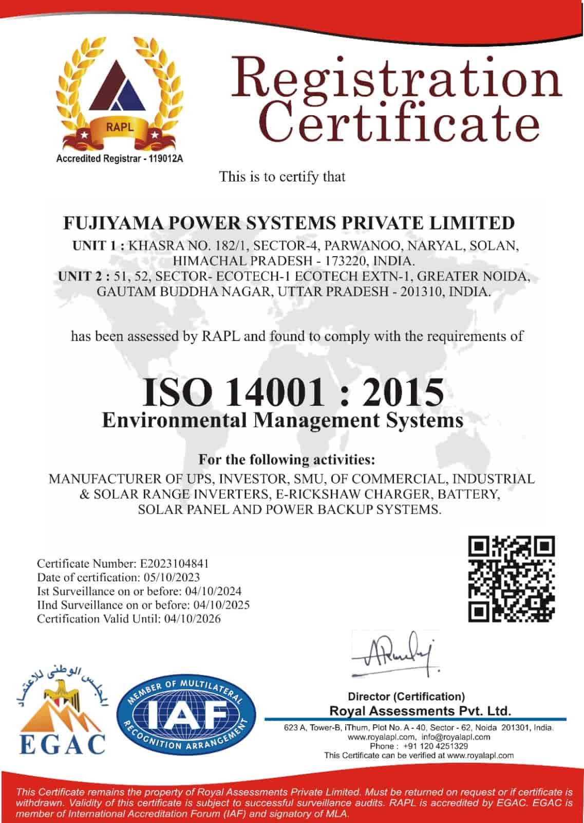 ISO 14001 : 2015 Certificate